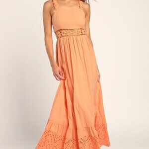 Lulus Simply Effortless Peach Sleeveless Lace Swiss Dot Maxi Dress XS